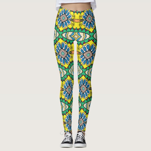Tribal floral, ornate, hand-drawn pattern. leggings (Front)