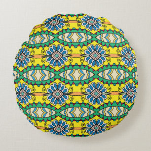 Tribal floral, ornate, hand-drawn pattern. round cushion