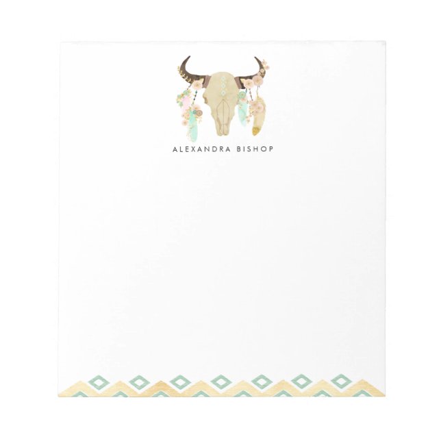 Tribal Floral Skull and Feathers Personalised Notepad (Front)
