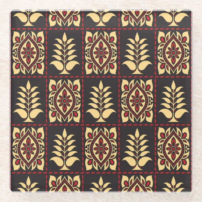 Tribal Floral: Vintage Pattern Elegance Glass Coaster (Front)