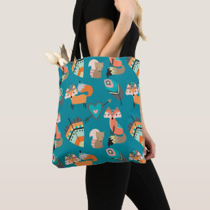 Tribal Foxes on Teal Pattern Tote Bag