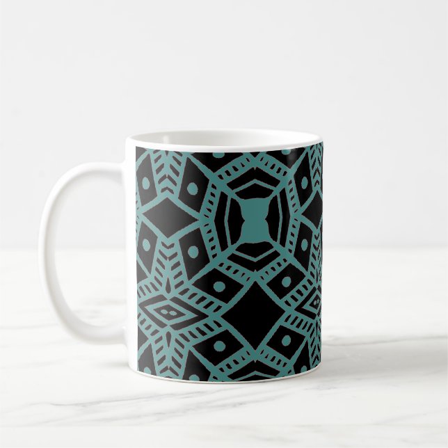 Tribal Gems Black & Teal Pattern Coffee Mug (Left)