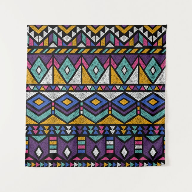 Tribal Geometric Aztec: Colourful Vintage Pattern Tapestry (Front)