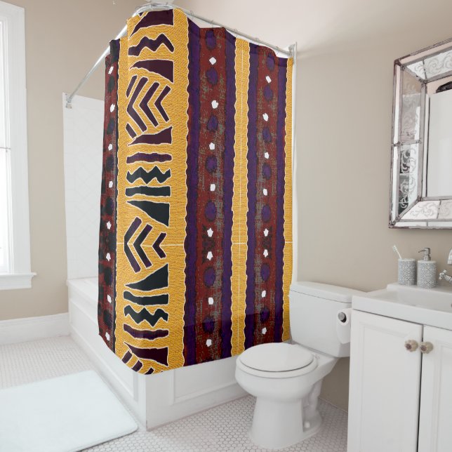 Tribal Geometric Pattern • Tribal Tapestry Shower Curtain (In Situ)