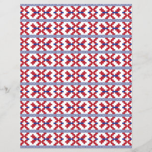 Tribal geometric red, blue, and white pattern