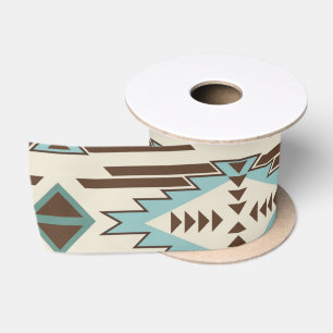 Tribal Geometric Shapes Boho Ethnic Blue Brown Satin Ribbon