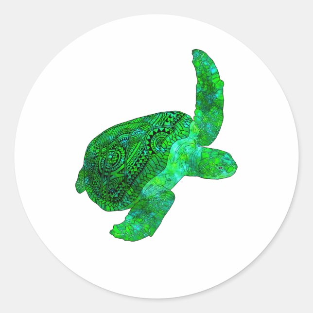 Tribal Green Sea Turtle Classic Round Sticker (Front)