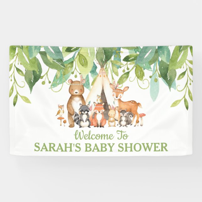 Tribal Greenery Woodland Animals Welcome Backdrop Banner (Horizontal)