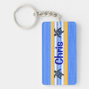 Tribal Honu Blue Stripes Key Ring