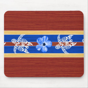 Tribal Honu Fake Wood Surfboard Mouse Pad