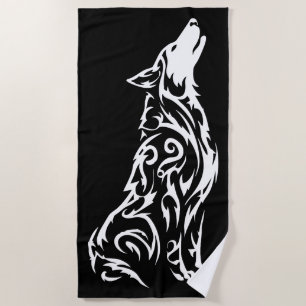 Tribal Howling Wolf Silhouette Black White Beach Towel