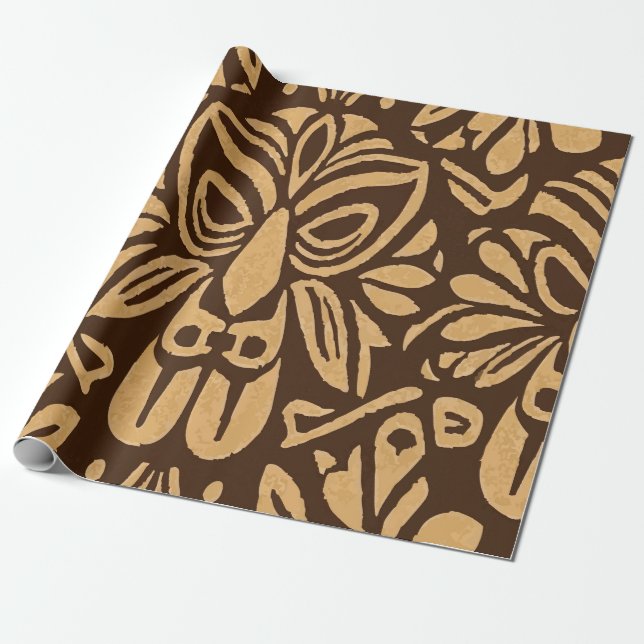 Tribal-Inspired Tiki Brown Pattern with Island Vib Wrapping Paper (Unrolled)