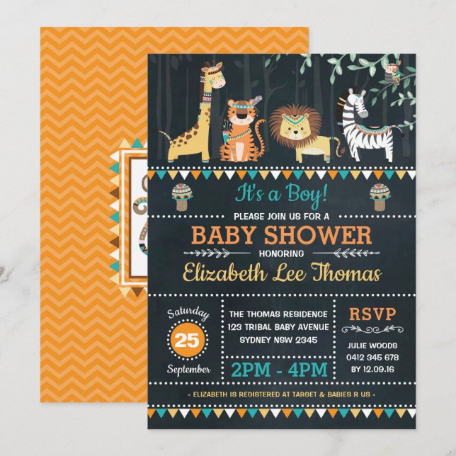 Tribal Jungle Safari Animal Baby Shower Chalkboard Invitation (Front/Back)