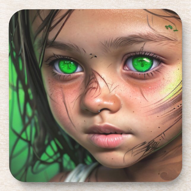 Tribal Kids |  Futuristic Girl Glowing Green Eyes Coaster (Front)