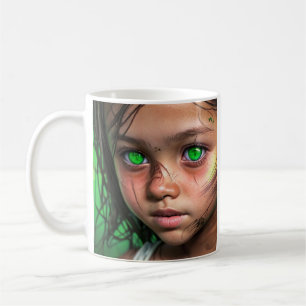 Tribal Kids Futuristic Girl Glowing Green Eyes Coffee Mug