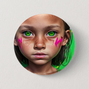 Tribal Kids    Futuristic Stoic Girl Green Eyes 6 Cm Round Badge