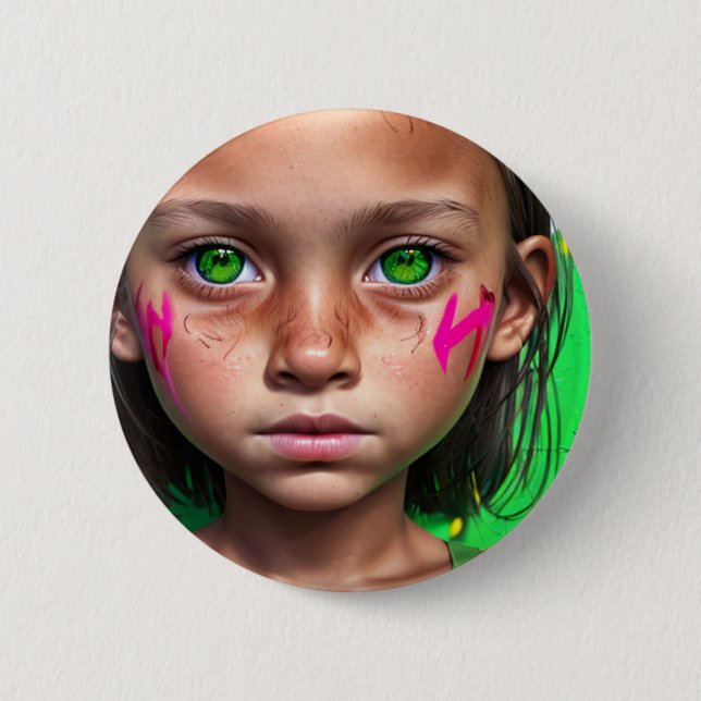 Tribal Kids |  Futuristic Stoic Girl Green Eyes 6 Cm Round Badge (Front)
