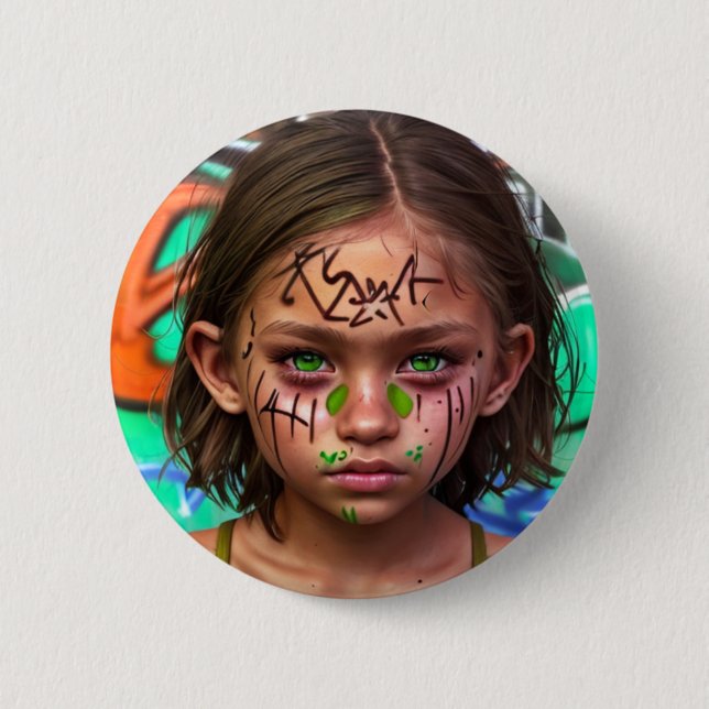 Tribal Kids | Urban Futuristic Girl Green Eyes 6 Cm Round Badge (Front)