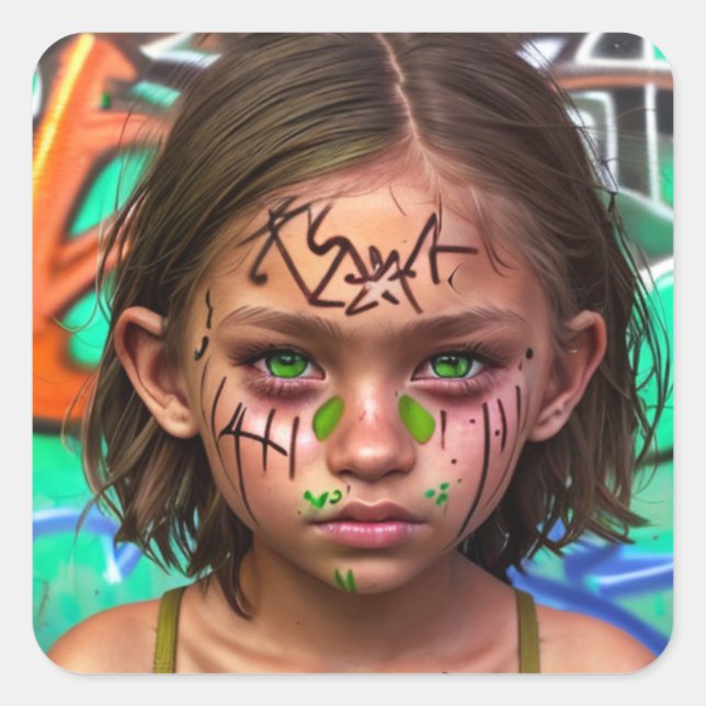 Tribal Kids | Urban Futuristic Girl Green Eyes Square Sticker (Front)
