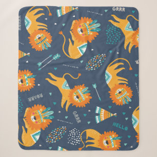 Tribal Lions Cartoon Seamless Pattern Sherpa Blanket