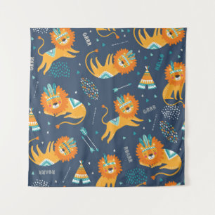 Tribal Lions Cartoon Seamless Pattern Tapestry
