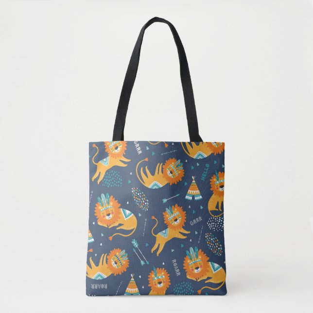 Tribal Lions Cartoon Seamless Pattern Tote Bag (Front)
