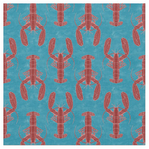 Tribal Lobster Red on Blue Nautical Fabric