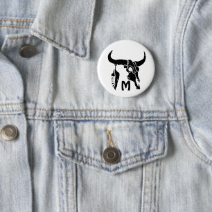 Tribal Longhorn Bull Skull with Black Feather 6 Cm Round Badge