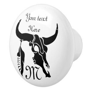 Tribal Longhorn Bull Skull with Black Feather Ceramic Knob