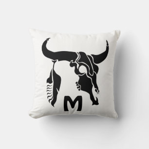 Tribal Longhorn Bull Skull with Black Feather Cushion