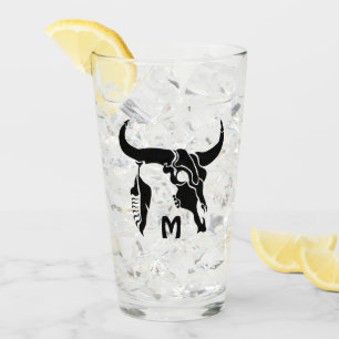 Tribal Longhorn Bull Skull with Black Feather Glass