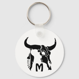Tribal Longhorn Bull Skull with Black Feather Key Ring