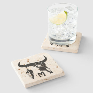 Tribal Longhorn Bull Skull with Black Feather Stone Coaster