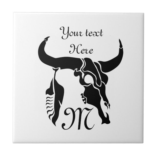 Tribal Longhorn Bull Skull with Black Feather Tile (Front)
