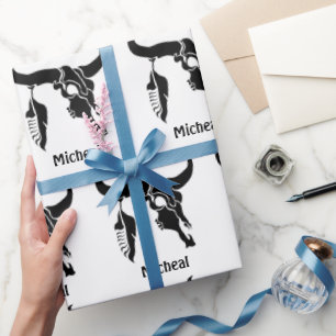 Tribal Longhorn Bull Skull with Black Feather Wrapping Paper