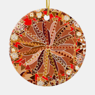 Tribal Mandala Print, Brown, Beige and Red Ceramic Tree Decoration