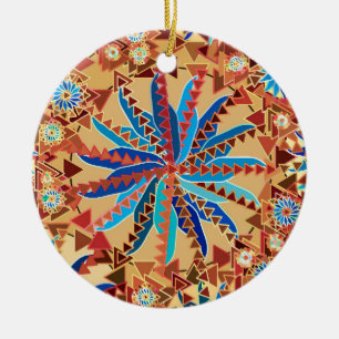 Tribal Mandala Print, Camel Tan and Denim Blue Ceramic Tree Decoration