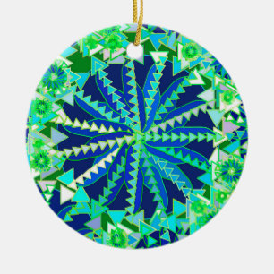 Tribal Mandala Print, Cobalt Blue and Green Ceramic Tree Decoration