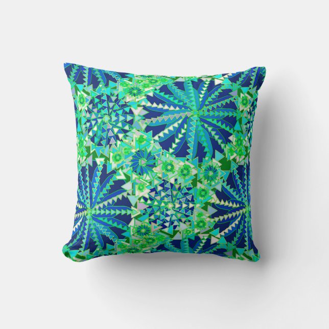 Tribal Mandala Print, Cobalt Blue and Green Cushion (Front)