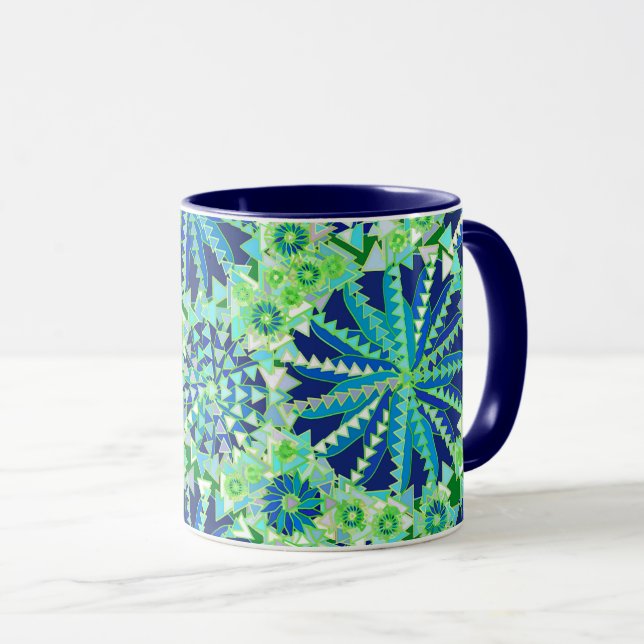 Tribal Mandala Print, Cobalt Blue and Green Mug (Front Right)