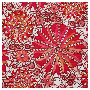Tribal Mandala Print, Coral Red and White Fabric