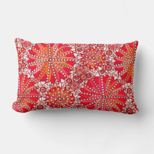 Tribal Mandala Print, Coral Red and White Lumbar Cushion
