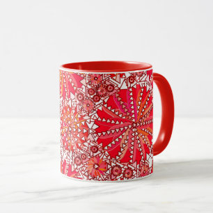 Tribal Mandala Print, Coral Red and White Mug