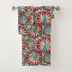Tribal Mandala Print, Red, Blue and Cream Bath Towel Set