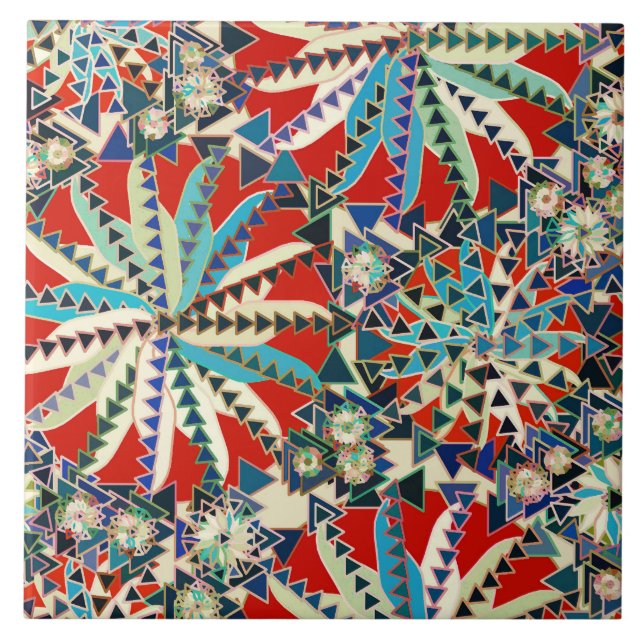 Tribal Mandala Print, Red, Blue and Cream Tile (Front)