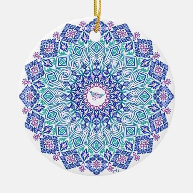 Tribal Manta Mandala on White Ceramic Tree Decoration (Front)
