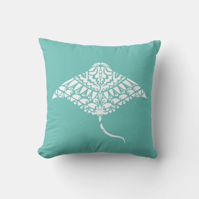 Tribal Manta Ray Spirit Animal Blue and White Cushion (Front)