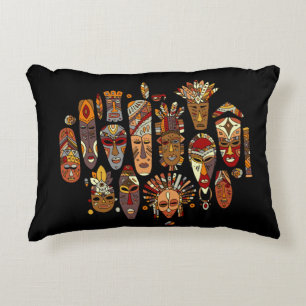 Tribal mask ethnic set, sketch decorative cushion