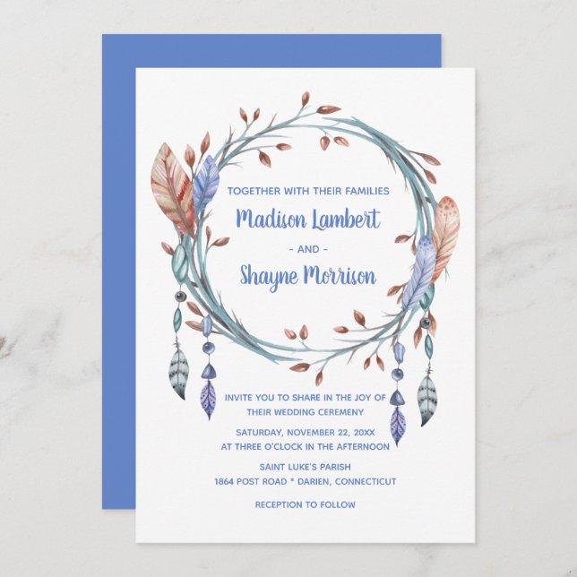 Tribal Native American Blue Feathers Boho Wedding Invitation (Front/Back)