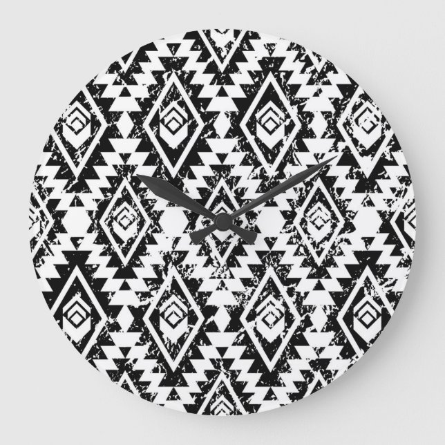 Tribal Navajo: black white geometric. Large Clock (Front)